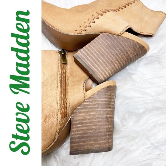 STEVE MADDEN MINGLE TAN LEATHER OPEN TOE OPEN HEEL BLOCK HEEL BOOTIE, SIZE 8 - Picture 8 of 13
